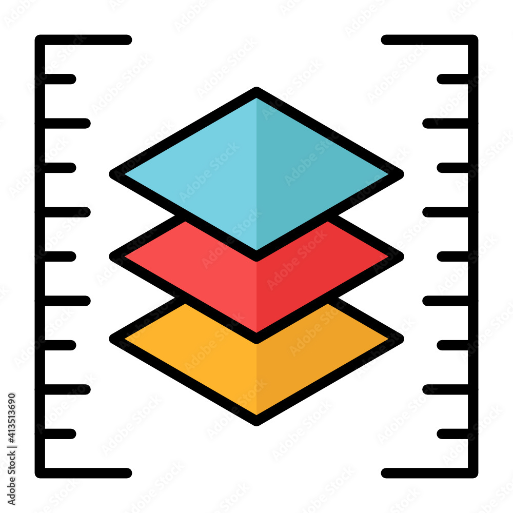Poster 3d printing object layers concept vector color icon design, additive manufacturing symbol on white b