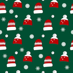 Winter seamless pattern with winter hats on green background. Cute vector winter warm knitted clothes in cartoon style. Christmas vector illustration. Holiday design for wallpaper, posters.