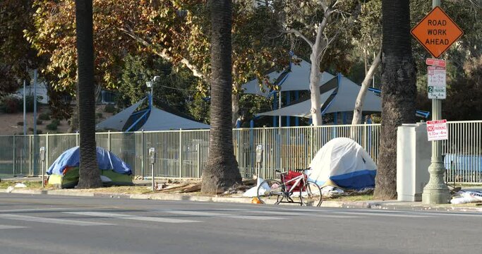 Homeless Peoples Tents And Possessions Line The Sidewalk In Los Angeles