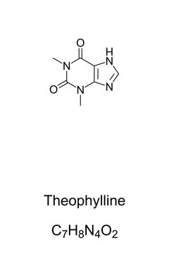 Theophylline, chemical formula and skeletal structure. Found in tea (Camellia sinensis) and cocoa (Theobroma cacao), used as a drug in therapy for respiratory diseases, such as COPD and asthma. Vector
