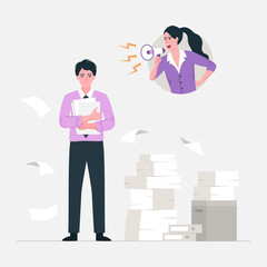 Angry stressed businesswoman is shouting employee office worker with megaphone.