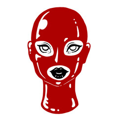 Sexy attractive elegant vintage BDSM girl in latex hood, mask. Isolated on white background. Graphic erotic illustration. 