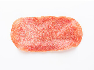 Sandwich with salami sausage on white background.