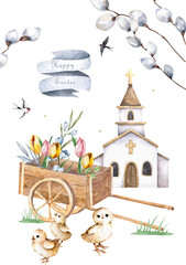 Easter concept. Easter chick and church. Hand painting cute watercolor isolated illustration