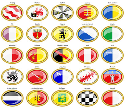 Set of vector icons. Flags of Hainaut province cities, Belgium.