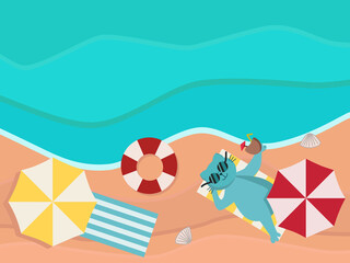Vector illustration of a funny cartoon character cat resting on the sand on the shore under an umbrella.