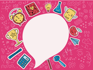 Concept of education. School background with colorful hand drawn school supplies and copy space for your text..