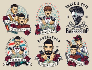 Vintage barbershop colorful labels set