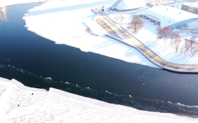Top view of the winter river