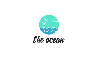 ocean logo with waves and flying birds on white background