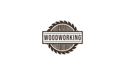 woodworking logo with a saw illustration and soft wood texture