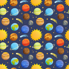 Colorful pattern of cute planets. Cosmic baby seamless pattern. Black, dark background