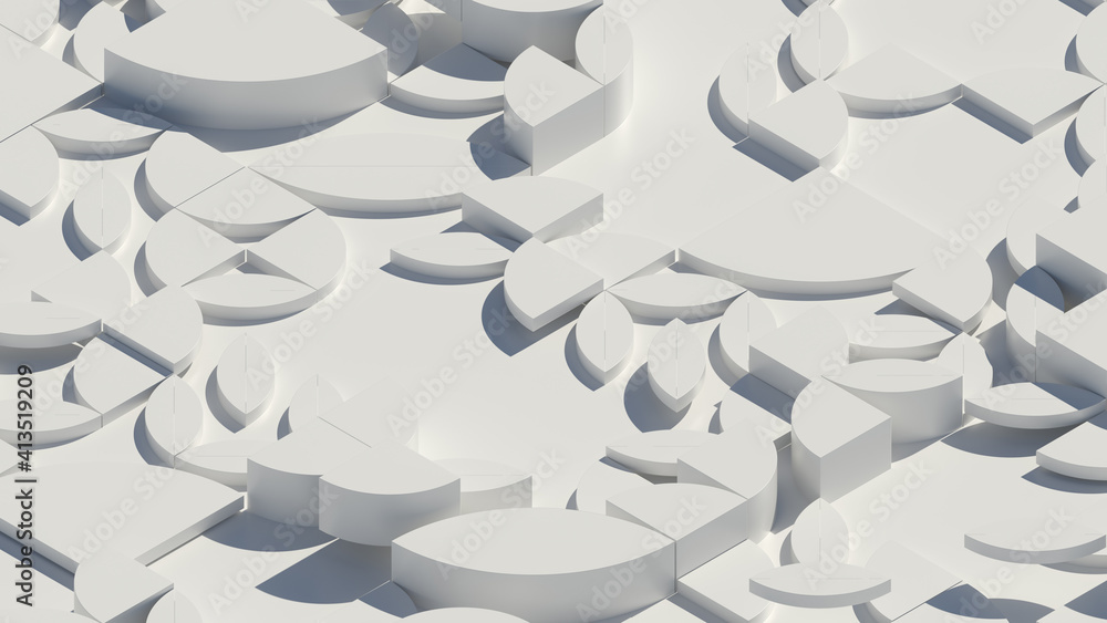 Poster 3d render of extruded shapes that generate chaotic graphic pattern. white gamma with shadows. simple