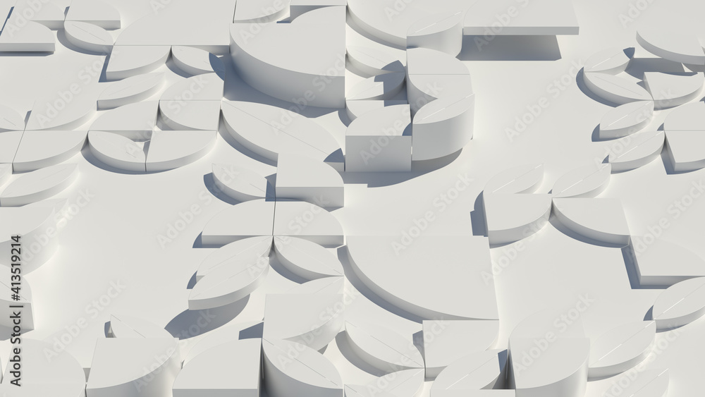 Poster 3d render of extruded shapes that generate chaotic graphic pattern. white gamma with shadows. simple