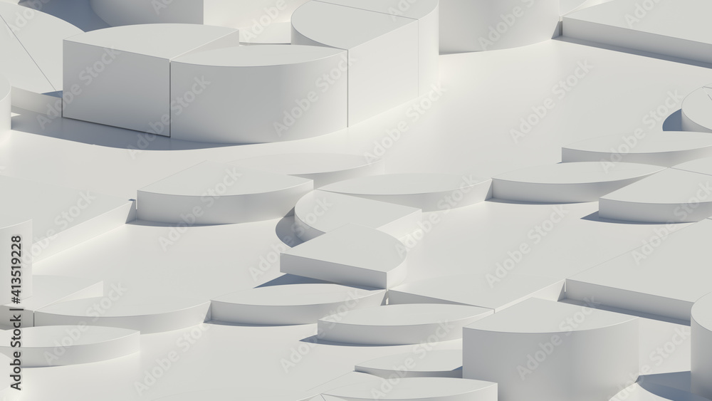 Poster 3d render of extruded shapes that generate chaotic graphic pattern. white gamma with shadows. simple