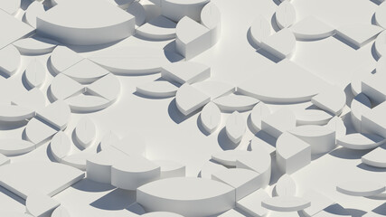 3d render of extruded shapes that generate chaotic graphic pattern. White gamma with shadows. Simple and elegant.