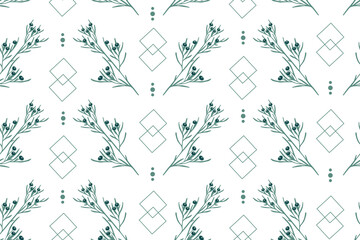 seamless pattern with floral, botanical elements, branches with leaves, flower buds and berries, ornamental plants, stylized vector graphics