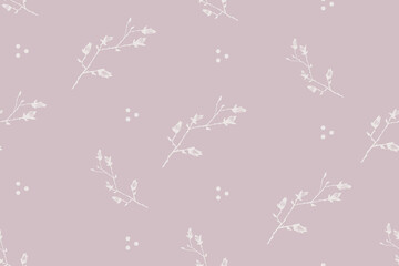 seamless pattern with floral, botanical elements, branches with leaves, flower buds and berries, ornamental plants, stylized vector graphics