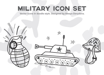 Set of military icons for February 23. Vector illustration in doodle style. War games icons set.