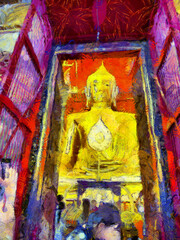 Big ancient golden Buddha in Ayutthaya World Heritage Site Illustrations creates an impressionist style of painting.