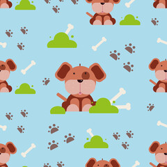seamless pattern with children's drawings of a dog with a bone and footprints, cute design for the decoration of goods for the smallest consumers, stylized vector graphics, bright, colorful