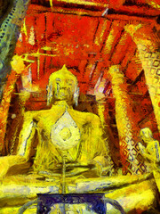 Big ancient golden Buddha in Ayutthaya World Heritage Site Illustrations creates an impressionist style of painting.