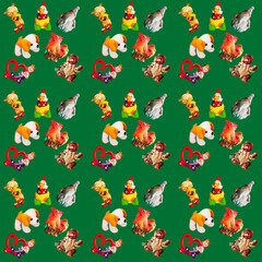 Obraz premium Pattern for children's festive packaging, background for designers and wallpapers, seamless texture with sheep, cockerel, chick, santa claus, dog, girl, bear on a green background