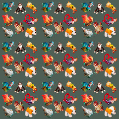 Pattern for childrens festive packaging, background for designers and wallpaper, seamless texture with sheep, monkey, lamb, santa claus, girl, bear, dog on a dark green backdrop background