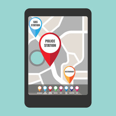 road map direction in mobile phone with colorful pin pointer. vector illustration