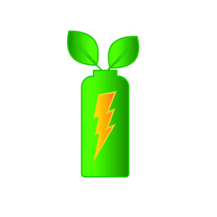 A vector of battery, electric symbol and green leaves symbol of renewable energy concept.