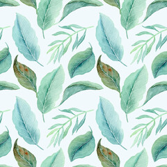 Seamless pattern of tropical leaves with watercolor