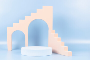 Abstract geometric pastel color product display podium on light blue background. Minimal different...