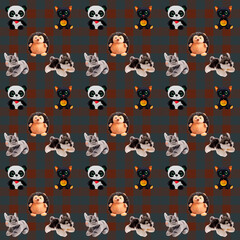 Pattern for childrens holiday packaging, background for designers and wallpapers, seamless texture with lynx, wolf, panda, cat, hedgehog on a dark brown background