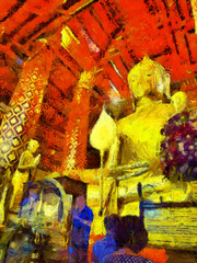 Big ancient golden Buddha in Ayutthaya World Heritage Site Illustrations creates an impressionist style of painting.