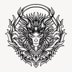 tattoo and t-shirt design black and white hand drawn prince devil engraving ornament