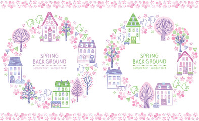 春の桜　街並み　家の丸フレーム　セット