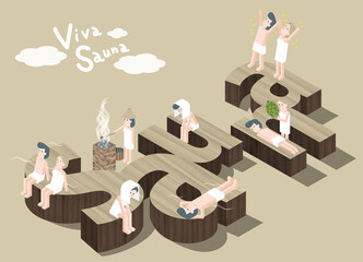 サウナを楽しむ人々のアイソメイラスト