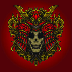 artwork illustration and t-shirt design samurai skull engraving ornament