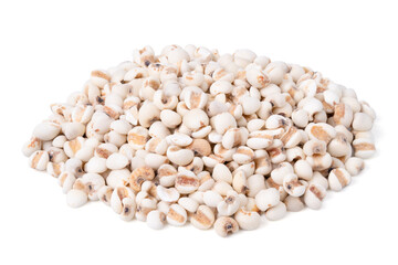 Flat lay various healthy seed millet or Poaceae on white background.