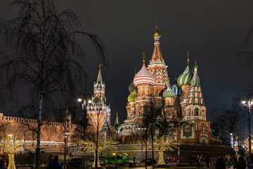 View of the Moscow Kremlin and St. Basil's Cathedral from Zaryadye park. Cristmas time in Moscow, Russia.