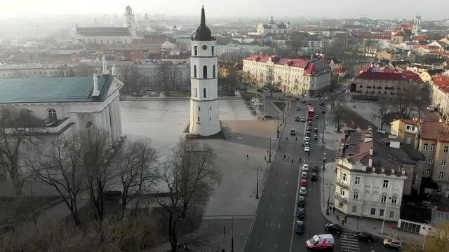 Beautiful sunny Vilnius city scene in winter. Aerial early morning view. Winter city scenery in Vilnius, Lithuania.