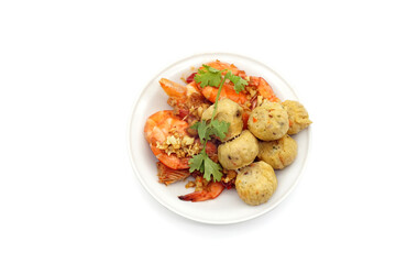 Fried shrimp ball and Deep Fried Chicken Roll on white background.