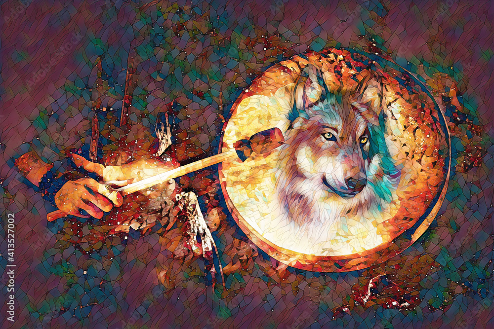 Poster shamanic girl with frame drum on abstract structured space background.