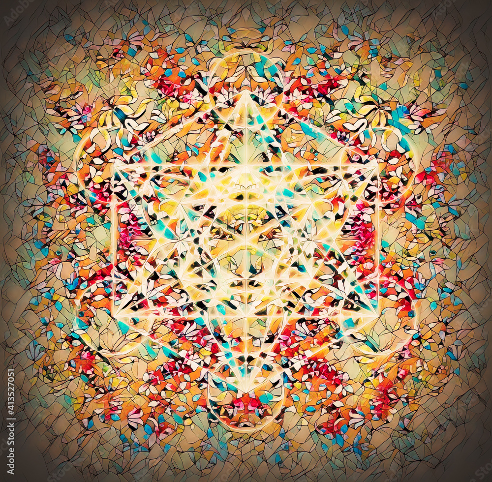 Poster ornamental structure pattern and merkaba. Floral ornament background.