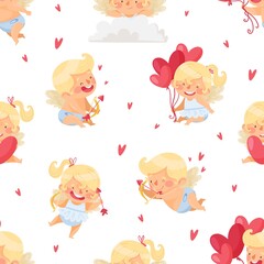Seamless pattern with Angels valentine's day. Vector illustration on white background.