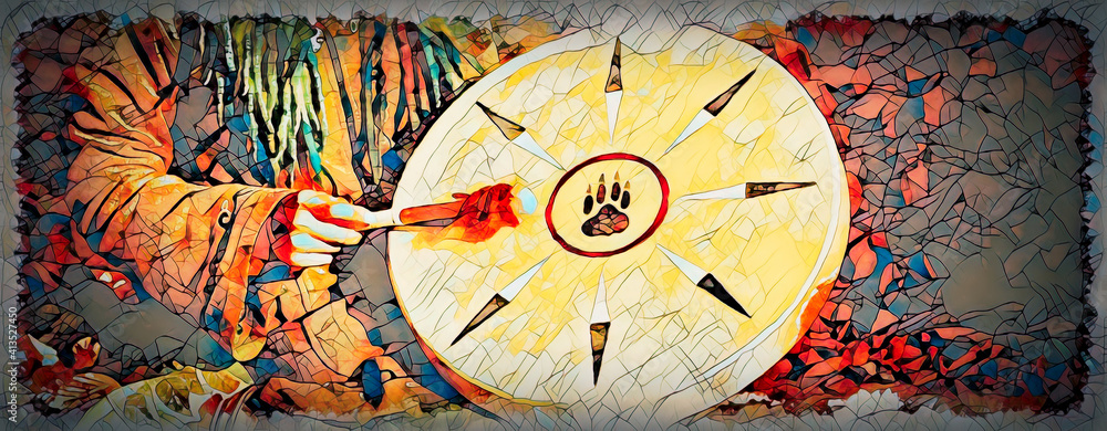 Poster shamanic girl with frame drum on abstract background.