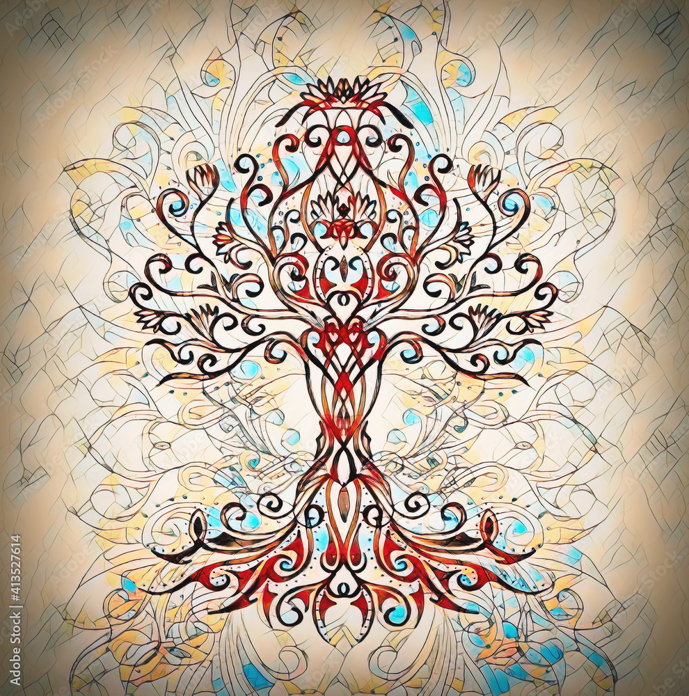 Aufkleber tree of life symbol on structured ornamental background, yggdrasil.
