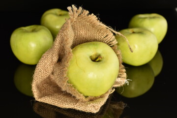 Several natural green apples by Renet Simirenko with a jute bag, close-up, isolated on black.