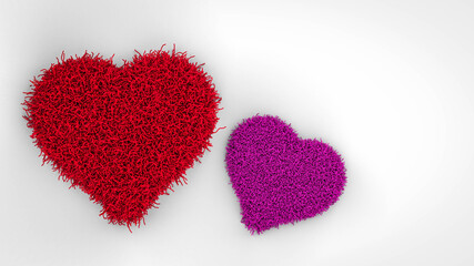 Fuzzy textured red and purple heart on white background. Love concept. Flat lay. 3d rendering