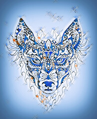 ornamental painting of wolf, sacred animal, eye contct.